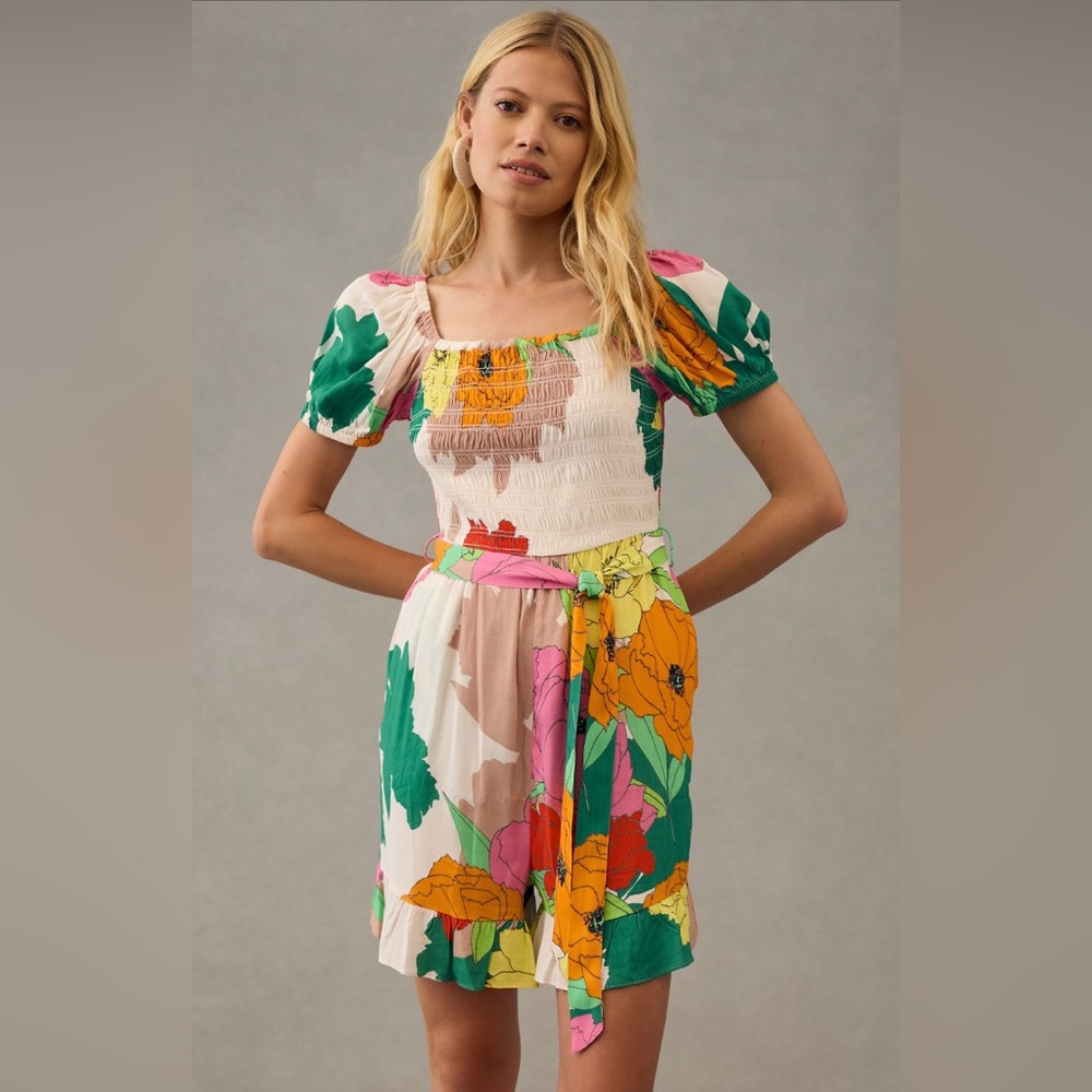 ✨ Anthropologie Puff-Sleeve Ruffle Romper Sz S - Picture 2 of 11